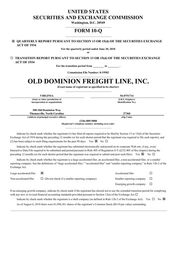 Thumbnail Old Dominion Freight Line
 Quarterly Report 2018-q2