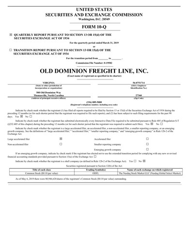 Thumbnail Old Dominion Freight Line
 Quarterly Report 2019-q1