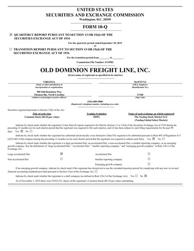 Thumbnail Old Dominion Freight Line
 Quarterly Report 2019-q3