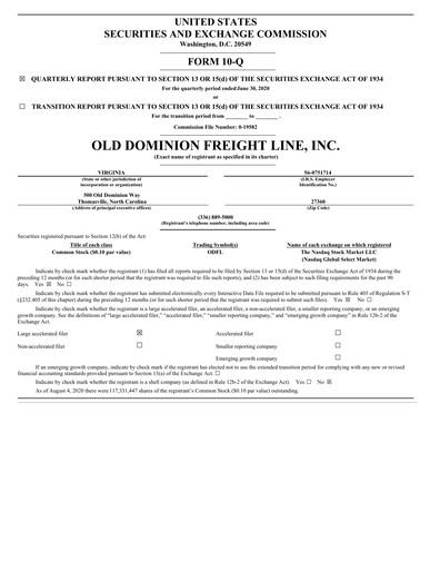 Thumbnail Old Dominion Freight Line
 Quarterly Report 2020-q2