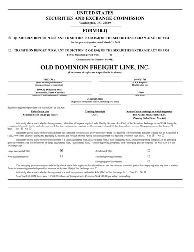 Thumbnail Old Dominion Freight Line
 Quarterly Report 2021-q1