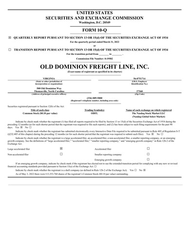 Thumbnail Old Dominion Freight Line
 Quarterly Report 2022-q1
