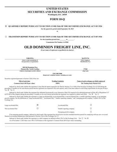 Thumbnail Old Dominion Freight Line
 Quarterly Report 2023-q3