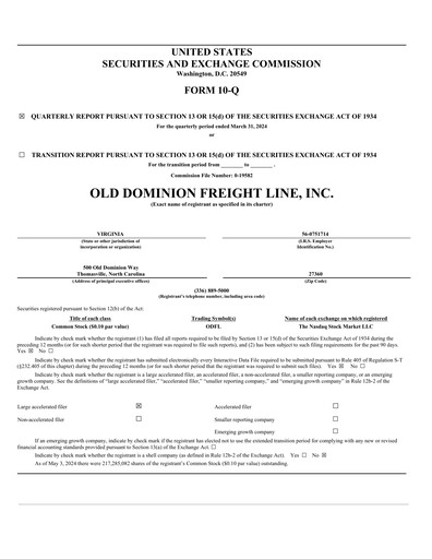 Thumbnail Old Dominion Freight Line
 Quarterly Report 2024-q1