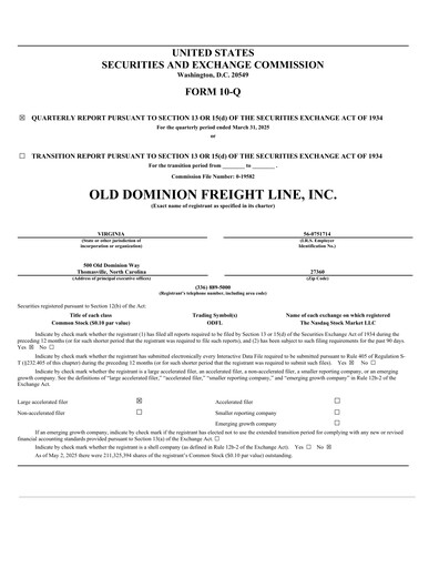 Thumbnail Old Dominion Freight Line
 Quarterly Report 2025-q1