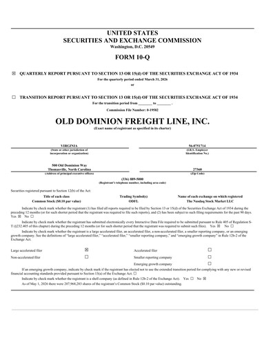 Thumbnail Old Dominion Freight Line
 Quarterly Report 2026-q1