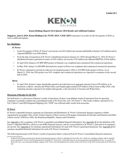 Miniature Kenon Holdings Rapport trimestriel 2016-q1