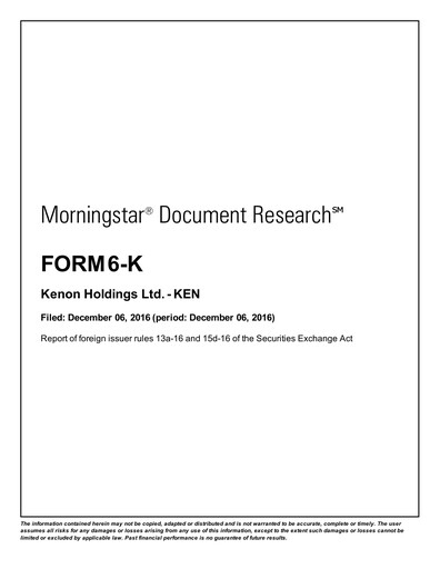 Miniature Kenon Holdings Rapport trimestriel 2016-q3