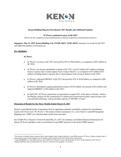 Miniature Kenon Holdings Rapport trimestriel 2017-q1