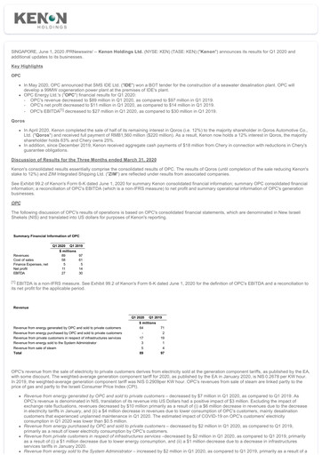 Miniature Kenon Holdings Rapport trimestriel 2020-q1