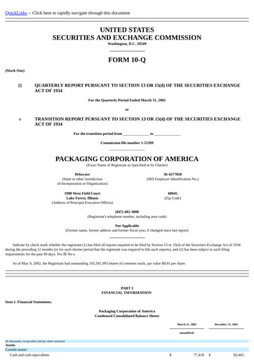 Vorschaubild Packaging Corporation of America
 Quartalsbericht 2002-q1