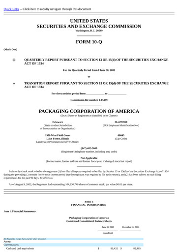 Vorschaubild Packaging Corporation of America
 Quartalsbericht 2002-q2