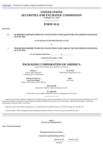 Vorschaubild Packaging Corporation of America
 Quartalsbericht 2002-q3