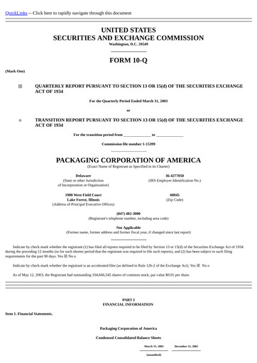 Vorschaubild Packaging Corporation of America
 Quartalsbericht 2003-q1