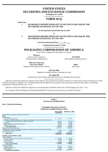 Vorschaubild Packaging Corporation of America
 Quartalsbericht 2003-q2