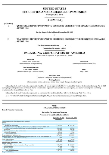 Vorschaubild Packaging Corporation of America
 Quartalsbericht 2003-q3