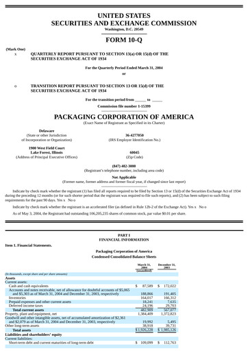 Vorschaubild Packaging Corporation of America
 Quartalsbericht 2004-q1