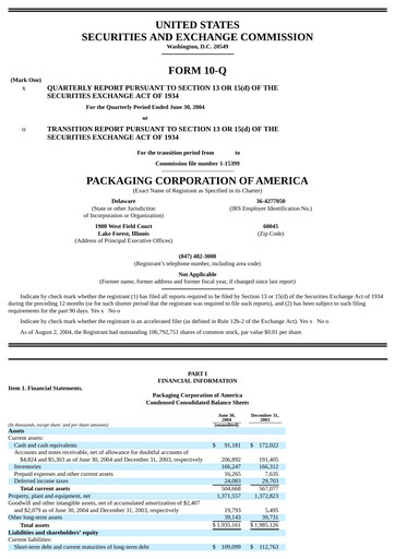 Vorschaubild Packaging Corporation of America
 Quartalsbericht 2004-q2