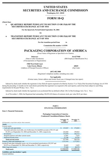 Vorschaubild Packaging Corporation of America
 Quartalsbericht 2004-q3