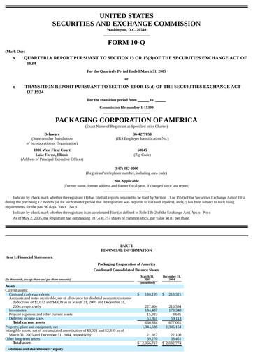 Vorschaubild Packaging Corporation of America
 Quartalsbericht 2005-q1