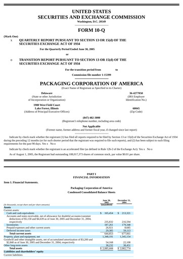 Vorschaubild Packaging Corporation of America
 Quartalsbericht 2005-q2