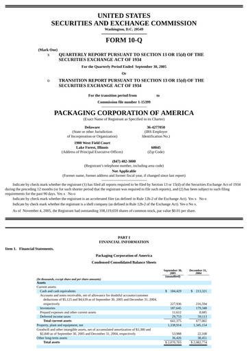 Vorschaubild Packaging Corporation of America
 Quartalsbericht 2005-q3