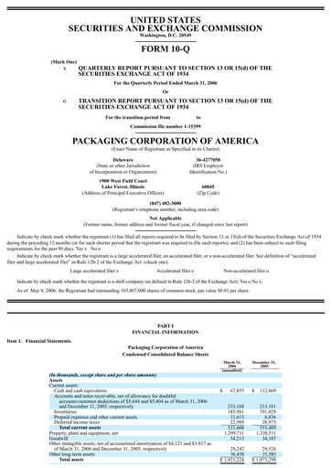 Vorschaubild Packaging Corporation of America
 Quartalsbericht 2006-q1