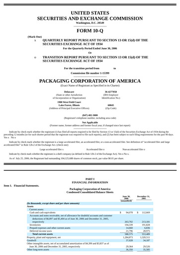 Vorschaubild Packaging Corporation of America
 Quartalsbericht 2006-q2
