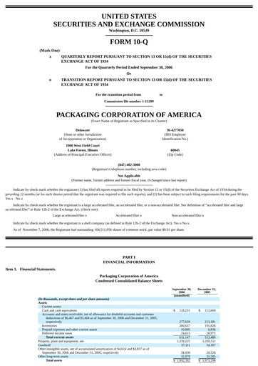 Vorschaubild Packaging Corporation of America
 Quartalsbericht 2006-q3