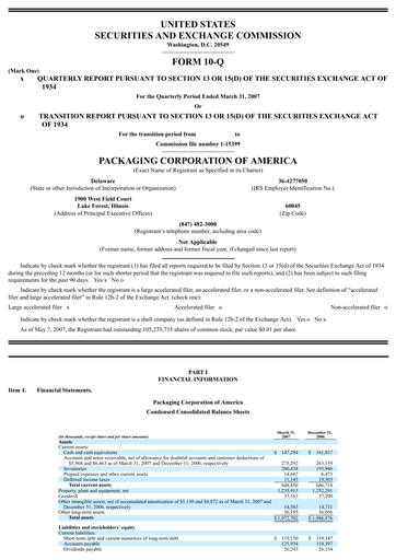 Vorschaubild Packaging Corporation of America
 Quartalsbericht 2007-q1