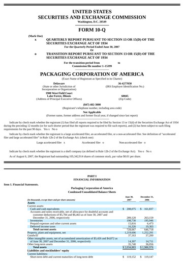 Vorschaubild Packaging Corporation of America
 Quartalsbericht 2007-q2