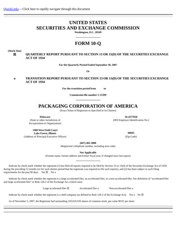 Vorschaubild Packaging Corporation of America
 Quartalsbericht 2007-q3