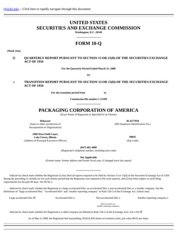 Vorschaubild Packaging Corporation of America
 Quartalsbericht 2008-q1