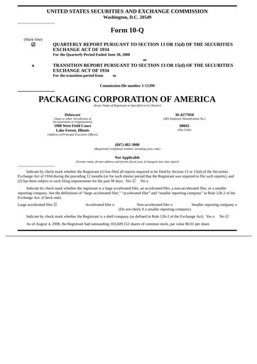 Vorschaubild Packaging Corporation of America
 Quartalsbericht 2008-q2