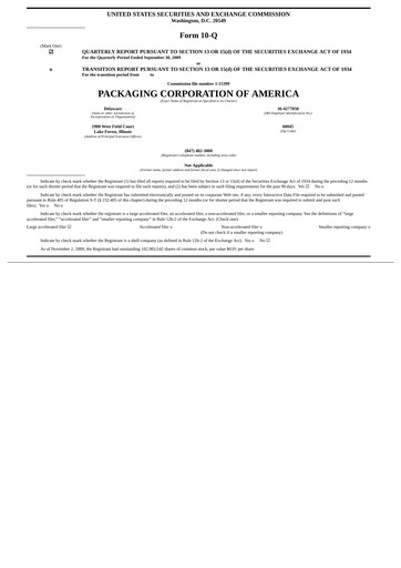 Vorschaubild Packaging Corporation of America
 Quartalsbericht 2009-q3
