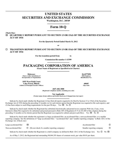 Vorschaubild Packaging Corporation of America
 Quartalsbericht 2012-q1