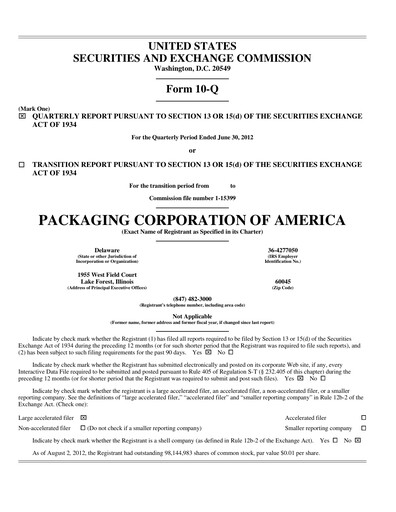 Vorschaubild Packaging Corporation of America
 Quartalsbericht 2012-q2