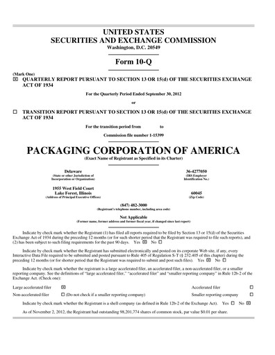 Vorschaubild Packaging Corporation of America
 Quartalsbericht 2012-q3