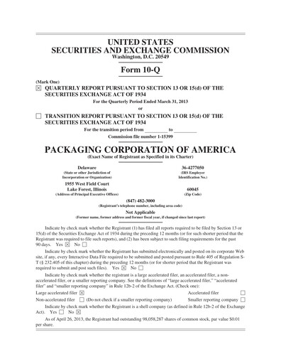 Vorschaubild Packaging Corporation of America
 Quartalsbericht 2013-q1