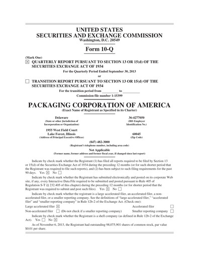 Vorschaubild Packaging Corporation of America
 Quartalsbericht 2013-q3