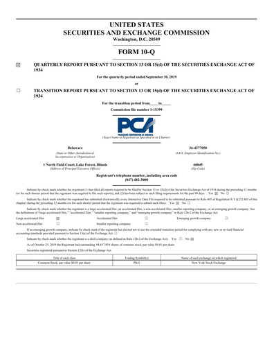 Thumbnail Packaging Corporation of America
 Quarterly Report 2019-q3