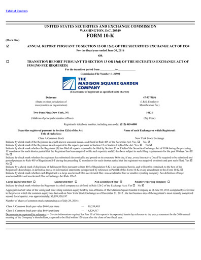 Miniature Madison Square Garden Sports Rapport annuel 2016