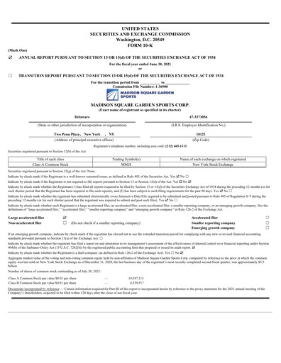 Thumbnail Madison Square Garden Sports Annual Report 2021