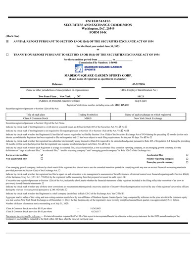 Thumbnail Madison Square Garden Sports Annual Report 2023