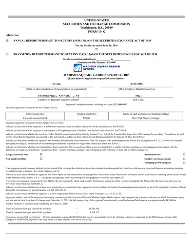 Miniature Madison Square Garden Sports Rapport annuel 2026