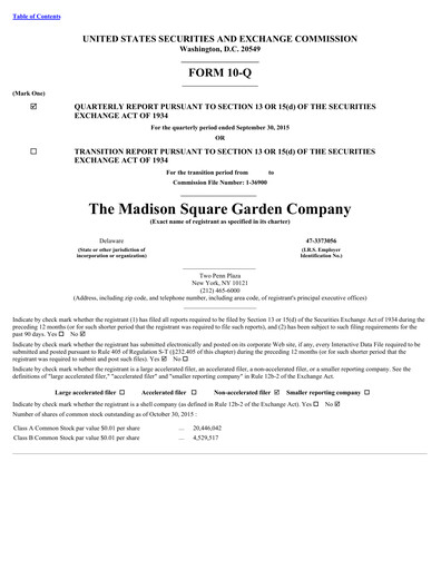 Miniature Madison Square Garden Sports Rapport trimestriel 2016-q1