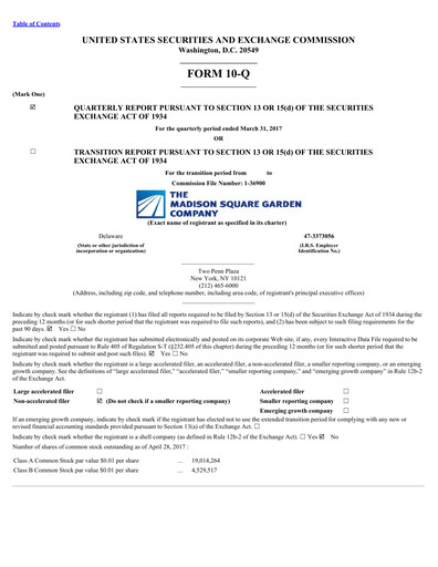 Miniature Madison Square Garden Sports Rapport trimestriel 2017-q3