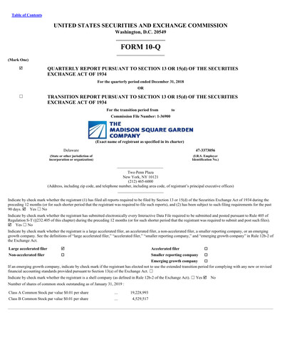 Miniature Madison Square Garden Sports Rapport trimestriel 2019-q2