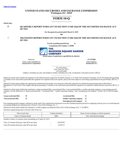 Miniature Madison Square Garden Sports Rapport trimestriel 2019-q3