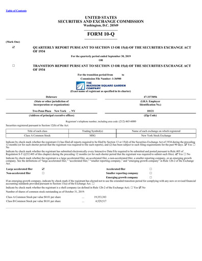 Miniature Madison Square Garden Sports Rapport trimestriel 2020-q1